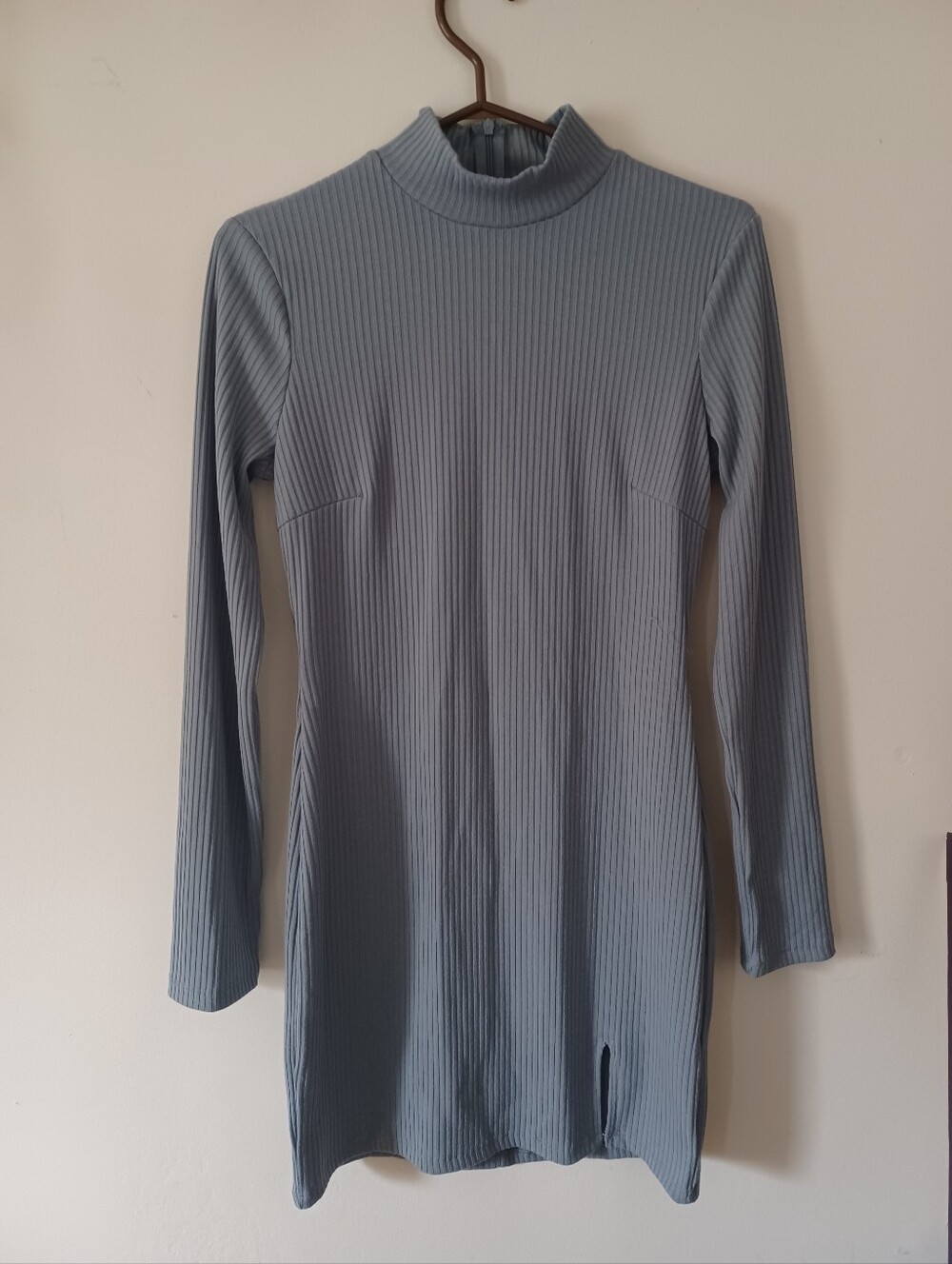 Ribbed Long Sleeve Mock Neck Dress in Slate Blue